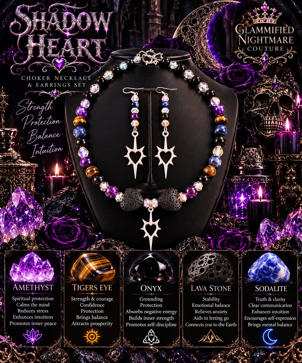 Shadow Heart Choker Necklace & Earrings Set